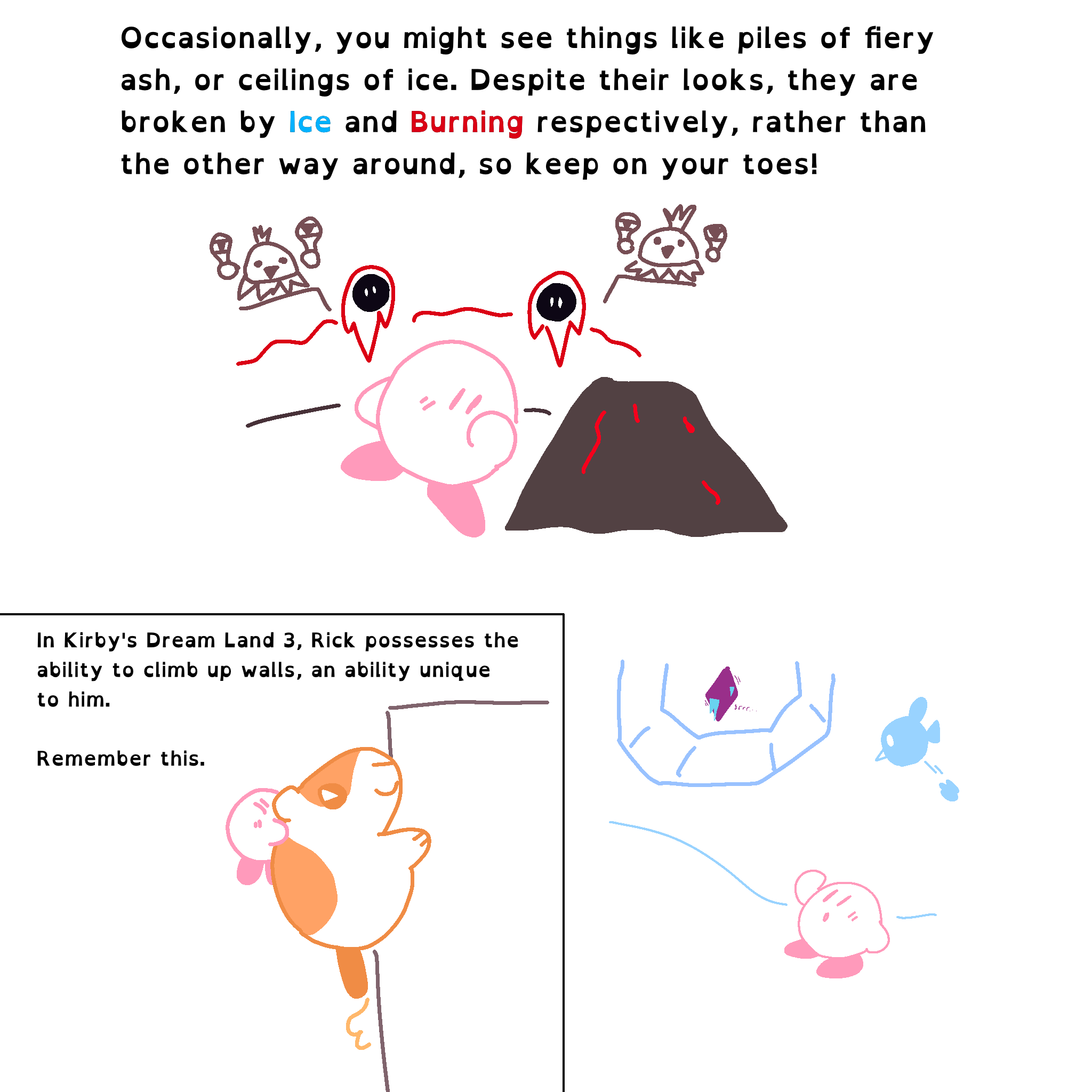 Kirby 64 guide art by Jenny — fire ash and ice ceiling tips, Rick the hamster climbing walls